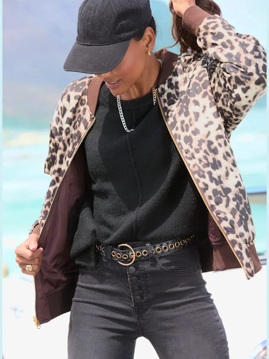 Veste réversible à motifs léopard avec poches fendues et bords-côtes doux