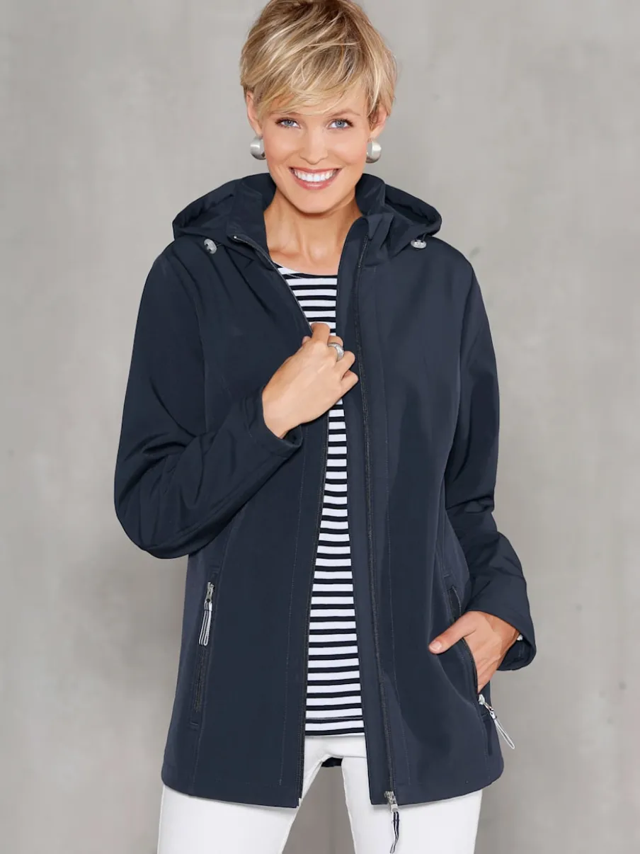 Veste softshell à col transformable et capuche avec rayures